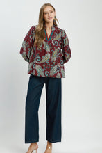 Load image into Gallery viewer, Umgee Paisley Print V-Neck Puff Sleeve Blouse in Wine Mix