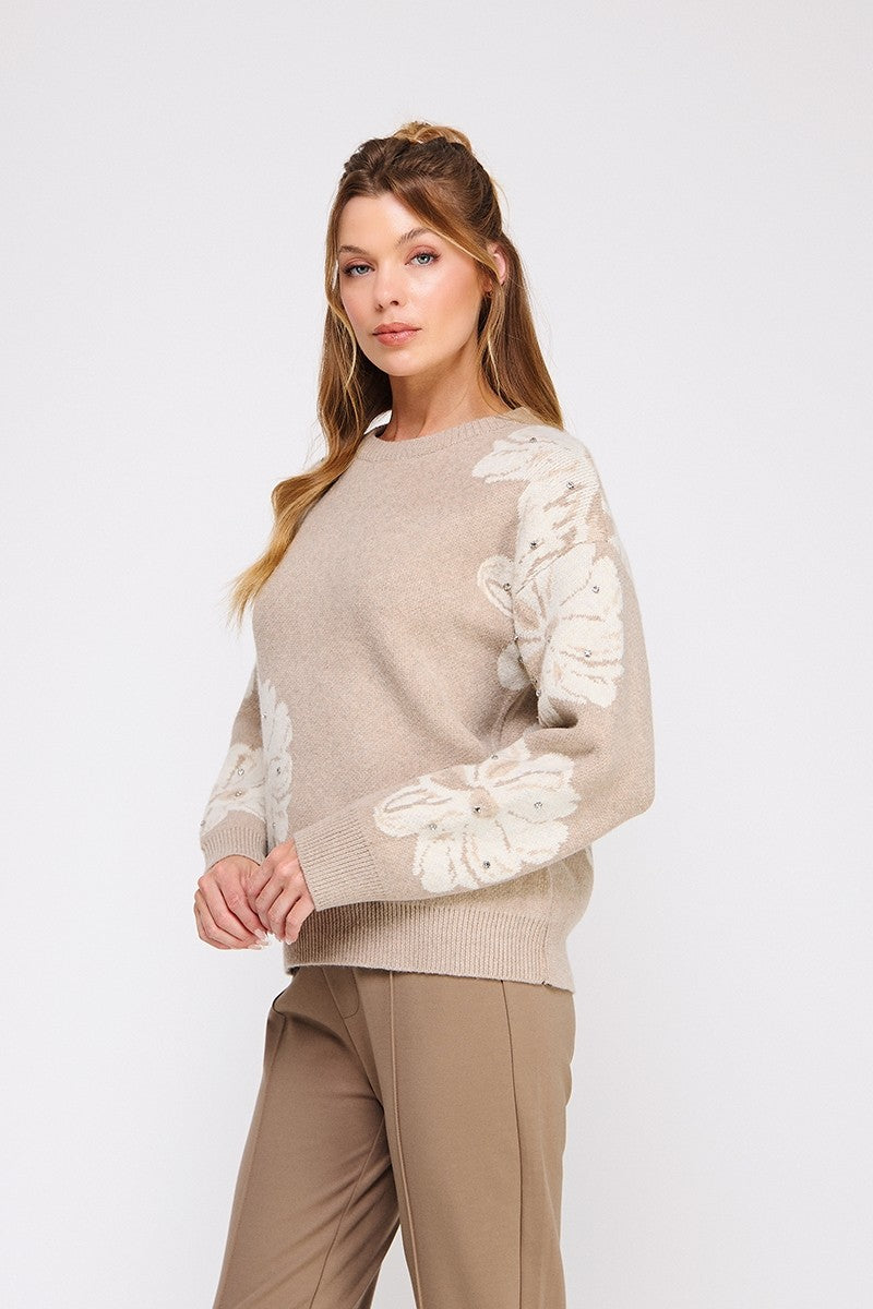 LANTIKI All Roll Knit-Flower ベージュ Allie Rose Knit Flower Pattern Sweater with Rhinestones in Almond