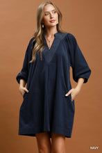 Load image into Gallery viewer, Umgee Corduroy V-Neck Puff Sleeve Shift Dress with Pockets in Navy