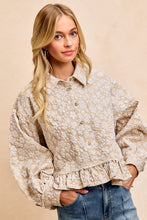 Load image into Gallery viewer, BiBi Textured Floral Ruffle Hem Button Up Top