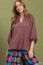 Load image into Gallery viewer, Umgee Balloon Sleeve Split Neck Blouse in Plum
