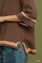 Load image into Gallery viewer, Umgee Contrast Trim Mock Neck 3/4 Sleeve Knit Top in Brown