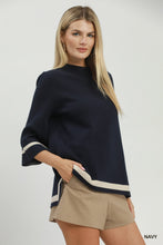 Load image into Gallery viewer, Umgee Contrast Trim Mock Neck 3/4 Sleeve Knit Top in Navy
