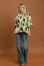 Load image into Gallery viewer, Umgee Abstract Dot Smocked Peplum Top in Olive