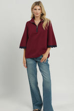 Load image into Gallery viewer, Umgee Quarter-Zip Scalloped Sleeve Knit Top in Burgundy