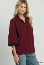 Load image into Gallery viewer, Umgee Quarter-Zip Scalloped Sleeve Knit Top in Burgundy