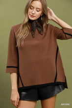 Load image into Gallery viewer, Umgee Mock Neck Contrast Trim Short Sleeve Knit Sweater Top in Brown