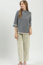 Load image into Gallery viewer, Umgee Mock Neck Contrast Trim Short Sleeve Knit Sweater Top in Charcoal