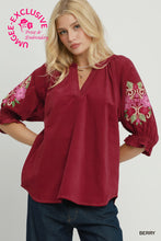 Load image into Gallery viewer, Umgee Embroidered Sleeve Corduroy Blouse in Berry