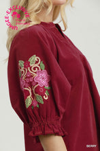 Load image into Gallery viewer, Umgee Embroidered Sleeve Corduroy Blouse in Berry