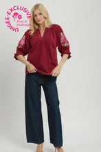 Load image into Gallery viewer, Umgee Embroidered Sleeve Corduroy Blouse in Berry