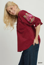 Load image into Gallery viewer, Umgee Embroidered Sleeve Corduroy Blouse in Berry