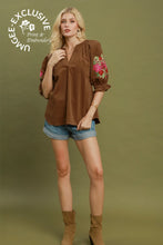 Load image into Gallery viewer, Umgee Embroidered Sleeve Corduroy Blouse in Camel