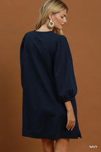 Load image into Gallery viewer, Umgee French Terry Puff Sleeve A-Line Mini Dress in Navy