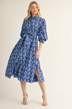 Load image into Gallery viewer, Jodifl Waist Tie Button Down Floral Midi Dress in Cobalt Blue
