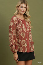 Load image into Gallery viewer, Umgee Floral Print Ruffle Sleeve Button-Down Blouse in Rust