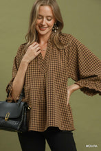 Load image into Gallery viewer, Umgee Plaid Split Neck Blouse with Lace Trim in Mocha