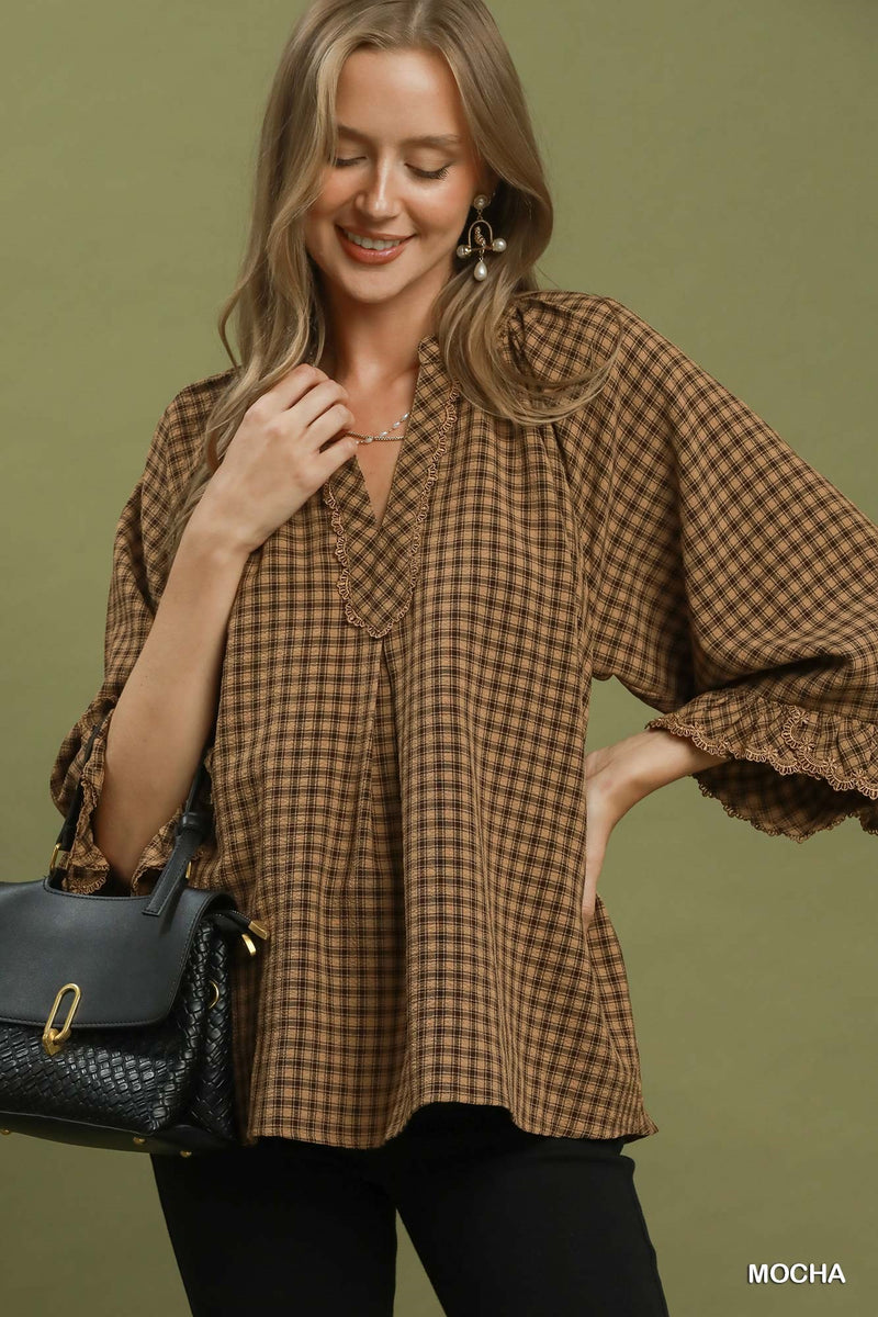 Umgee Plaid Split Neck Blouse with Lace Trim in Mocha – June Adel