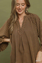 Load image into Gallery viewer, Umgee Plaid Split Neck Blouse with Lace Trim in Mocha