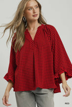 Load image into Gallery viewer, Umgee Plaid Split Neck Blouse with Lace Trim in Red