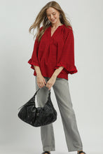 Load image into Gallery viewer, Umgee Plaid Split Neck Blouse with Lace Trim in Red