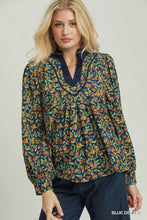Load image into Gallery viewer, Umgee Floral Print Contrast V-Neck Long Sleeve Blouse in Blue Depths