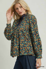 Load image into Gallery viewer, Umgee Floral Print Contrast V-Neck Long Sleeve Blouse in Blue Depths