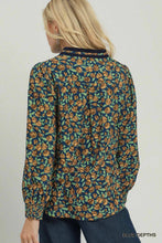 Load image into Gallery viewer, Umgee Floral Print Contrast V-Neck Long Sleeve Blouse in Blue Depths