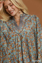 Load image into Gallery viewer, Umgee Floral Print Contrast V-Neck Long Sleeve Blouse in Winter Grey