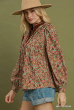 Load image into Gallery viewer, Umgee Floral Print Contrast V-Neck Long Sleeve Blouse in Winter Rose
