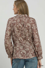 Load image into Gallery viewer, Umgee Paisley Print Button Front Peplum Blouse in Mocha