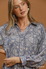 Load image into Gallery viewer, Umgee Paisley Print Button Front Peplum Blouse in Slate Blue