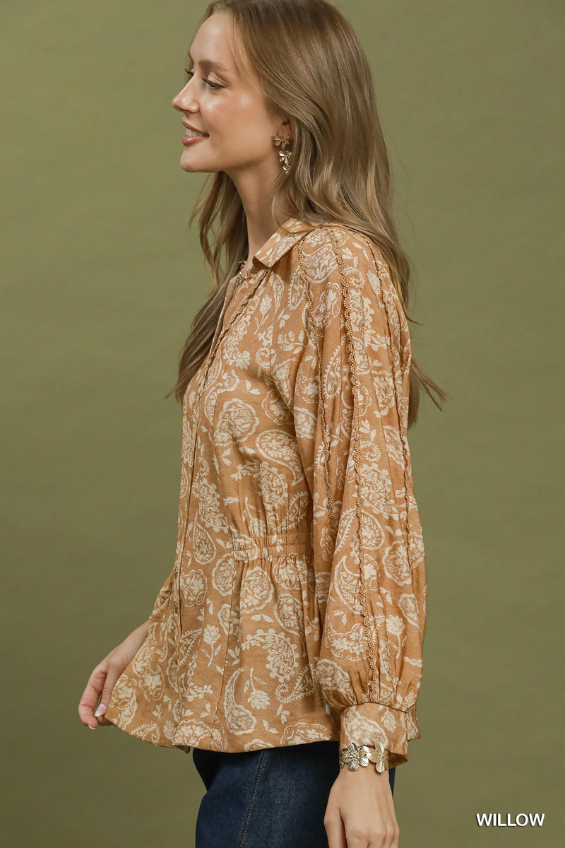 Umgee Paisley Print Button Front Peplum Blouse in Willow – June Adel