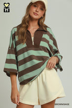 Load image into Gallery viewer, Umgee Stripe Drop Shoulder Corduroy Collared Pullover in Brown/Sage