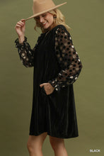 Load image into Gallery viewer, Umgee Velvet Polka Dot Sheer Sleeve Dress in Black