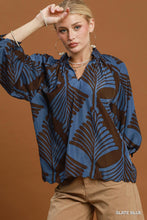 Load image into Gallery viewer, Umgee Abstract Leaf Print V-Neck Balloon Sleeve Blouse in Slate Blue