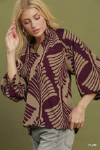 Load image into Gallery viewer, Umgee Abstract Leaf Print V-Neck Balloon Sleeve Blouse in Plum
