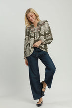 Load image into Gallery viewer, Umgee Boho Paisley Floral Contrast Yoke Blouse in Olive