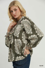 Load image into Gallery viewer, Umgee Boho Paisley Floral Contrast Yoke Blouse in Olive