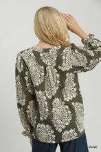 Load image into Gallery viewer, Umgee Boho Paisley Floral Contrast Yoke Blouse in Olive