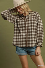 Load image into Gallery viewer, Umgee Gingham Ruffle Trim Button-Up Blouse in Brown
