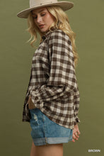 Load image into Gallery viewer, Umgee Gingham Ruffle Trim Button-Up Blouse in Brown