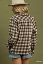 Load image into Gallery viewer, Umgee Gingham Ruffle Trim Button-Up Blouse in Brown