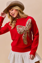 Load image into Gallery viewer, So Me Christmas Holiday Sequin Ribbon Bow Front Sweater in Red/Gold