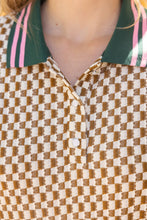 Load image into Gallery viewer, VOY Quarter Button Stripe Band Checker Print Knit Top in Brown