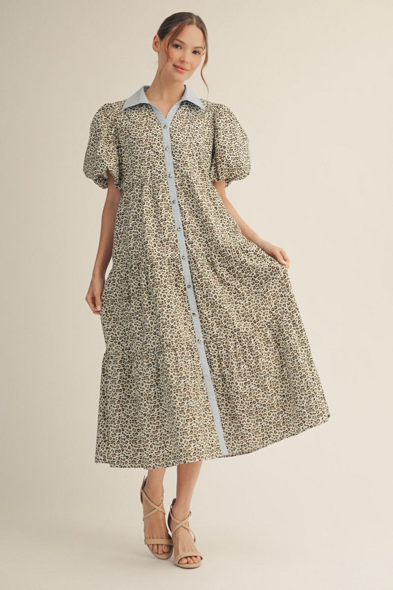 Jodifl Leopard Print Tiered Midi Dress with Contrast Trim in Blue S