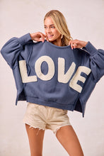 Load image into Gallery viewer, BiBi OVERSIZED French Terry Top with Contrasting Fleece "LOVE" Letter Patches in Dusty Blue/Ivory