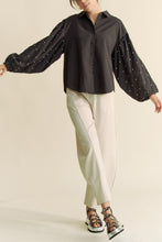 Load image into Gallery viewer, Davi & Dani Solid Color Button Up Top with Stone Embellished Sleeves in Black