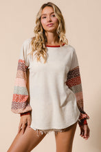 Load image into Gallery viewer, BiBi Solid Color Ribbed Top with Mixed Print Sleeves in Oatmeal
