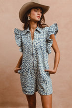 Load image into Gallery viewer, BiBi Washed Leopard Print Zip Up Front Romper in Leopard Denim